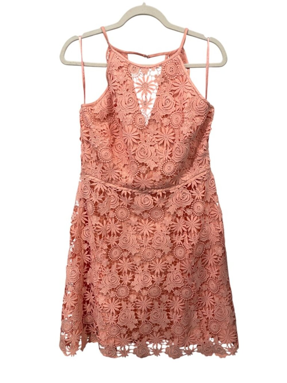 White House Black Market Floral Lace Halter Mini Dress Womens 12 Peach Boho Chic